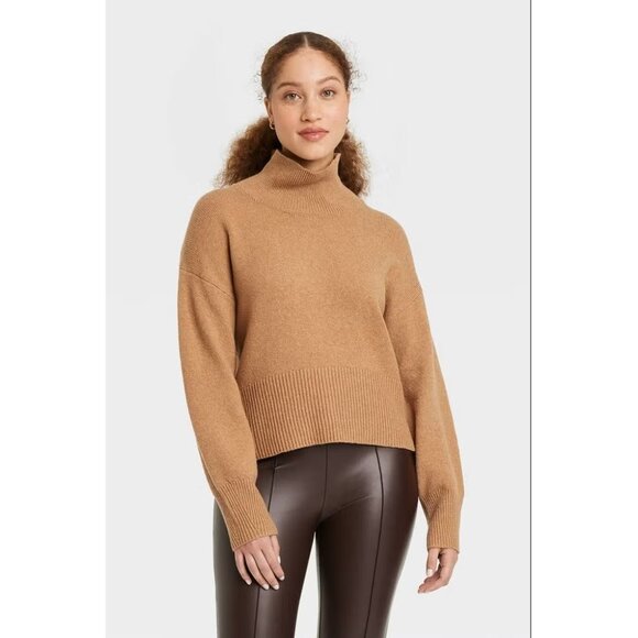 a new day Sweaters - A New Day Camel Brown Ribbed Mock Neck Pullover Sweater